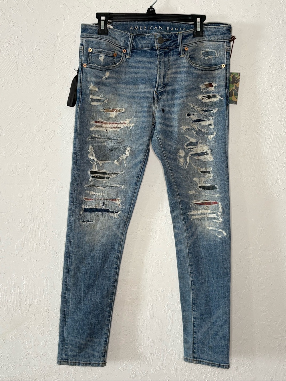 American Eagle Airflex+ 32x32 Skinny Stacked Jeans Ripped Patched Flannel Street